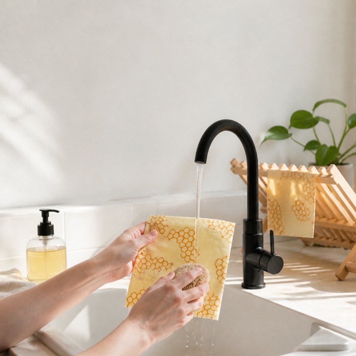 Washing reusable beeswax wrap under cool water with mild soap