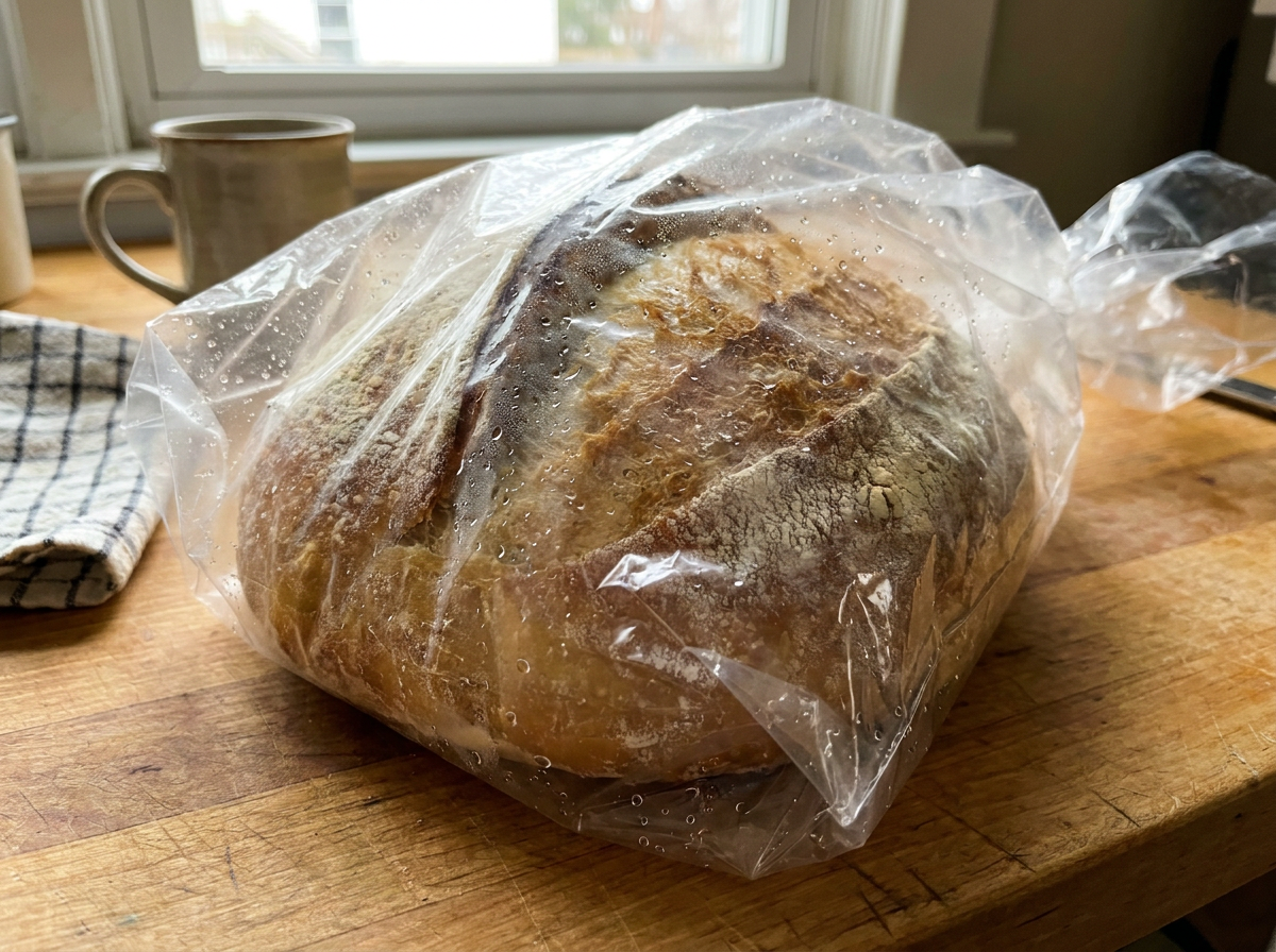 Trapped moisture fogs the bag and softens the crust.