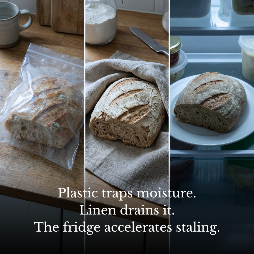 Plastic traps it. Linen drains it. The fridge speeds it up.