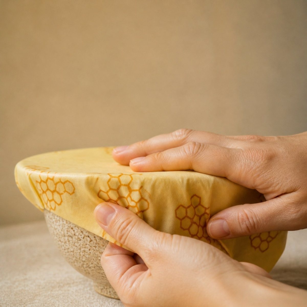 Hands warming and shaping beeswax food wrap over a ceramic bowl