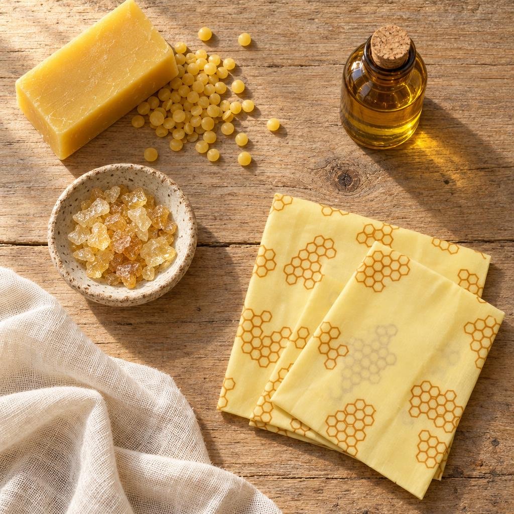 Beeswax block and pellets, jojoba oil, tree resin, organic cotton, and finished Everloaf beeswax wraps