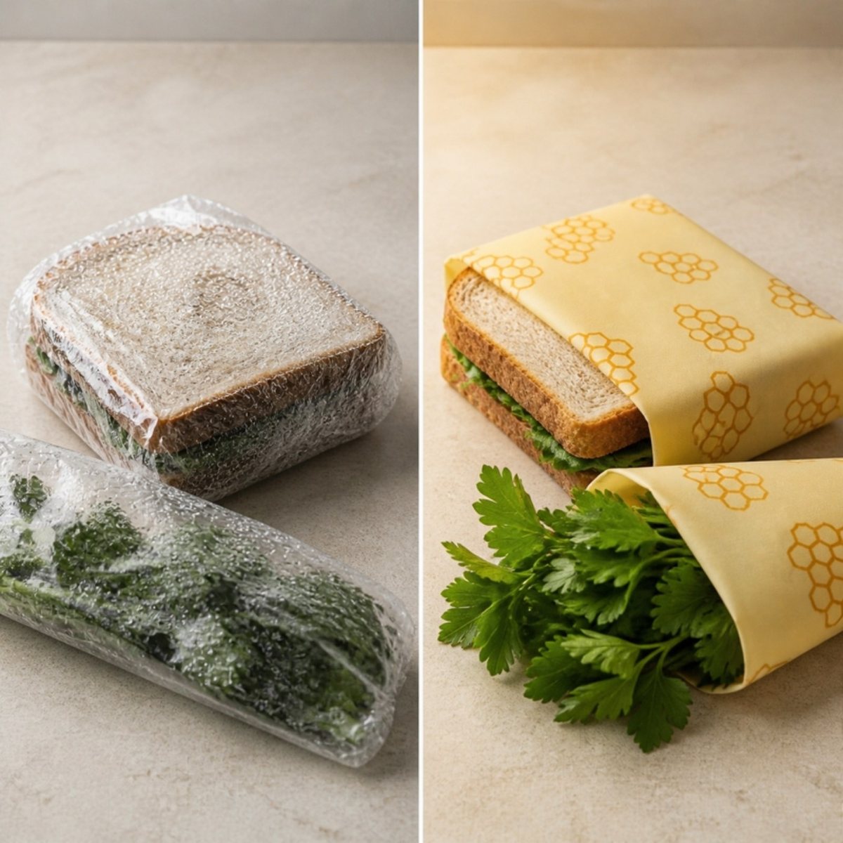 Breathable beeswax wrap compared to plastic film food storage