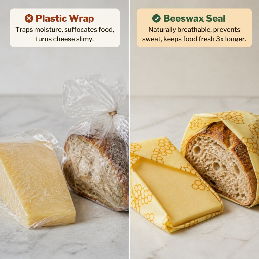 Cheese and bread in plastic wrap compared with cheese and bread in Everloaf beeswax wraps