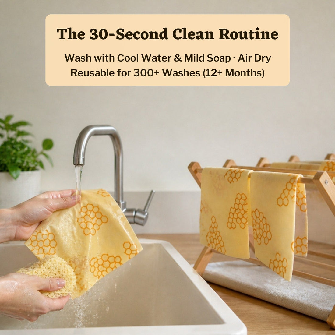 Rinsing an Everloaf beeswax wrap under cool water, with wraps drying on a rack