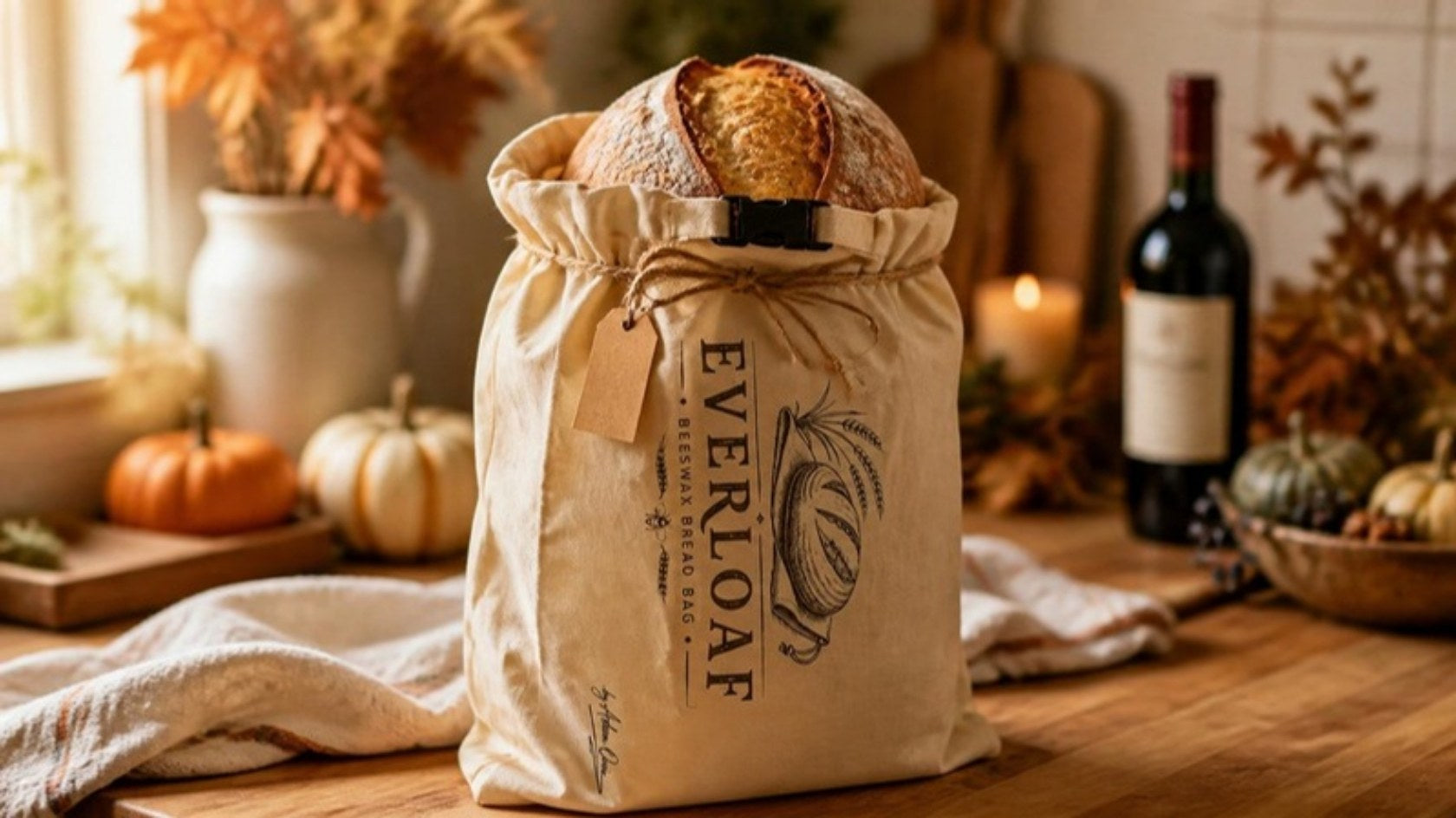 The gift every Thanksgiving host secretly hopes for: a fresh bakery loaf nestled inside a reusable French beeswax bread bag.