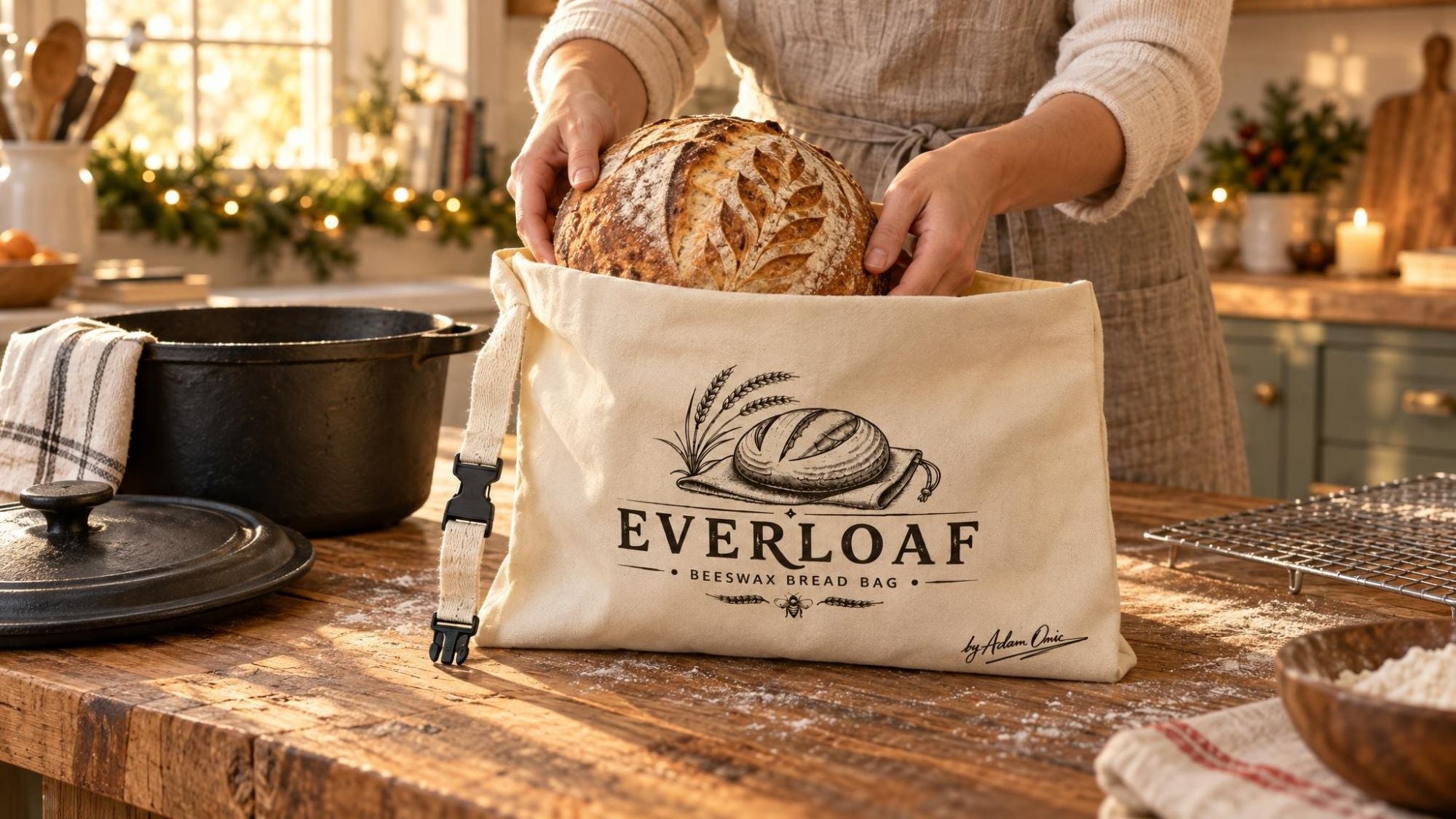A home baker sliding a fresh sourdough boule into the Everloaf