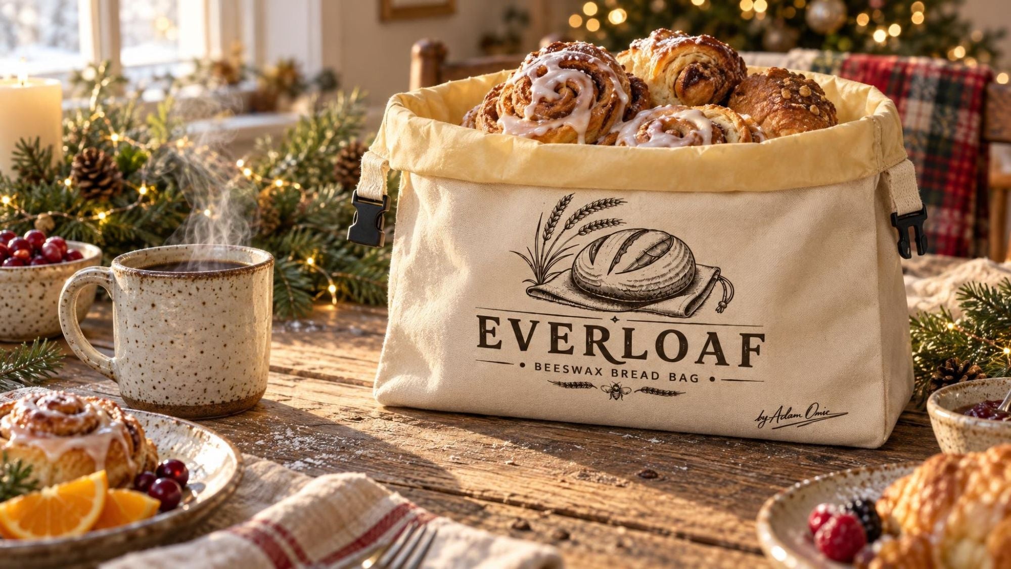 The Everloaf on a Christmas morning table, filled with cinnamon rolls and pastries