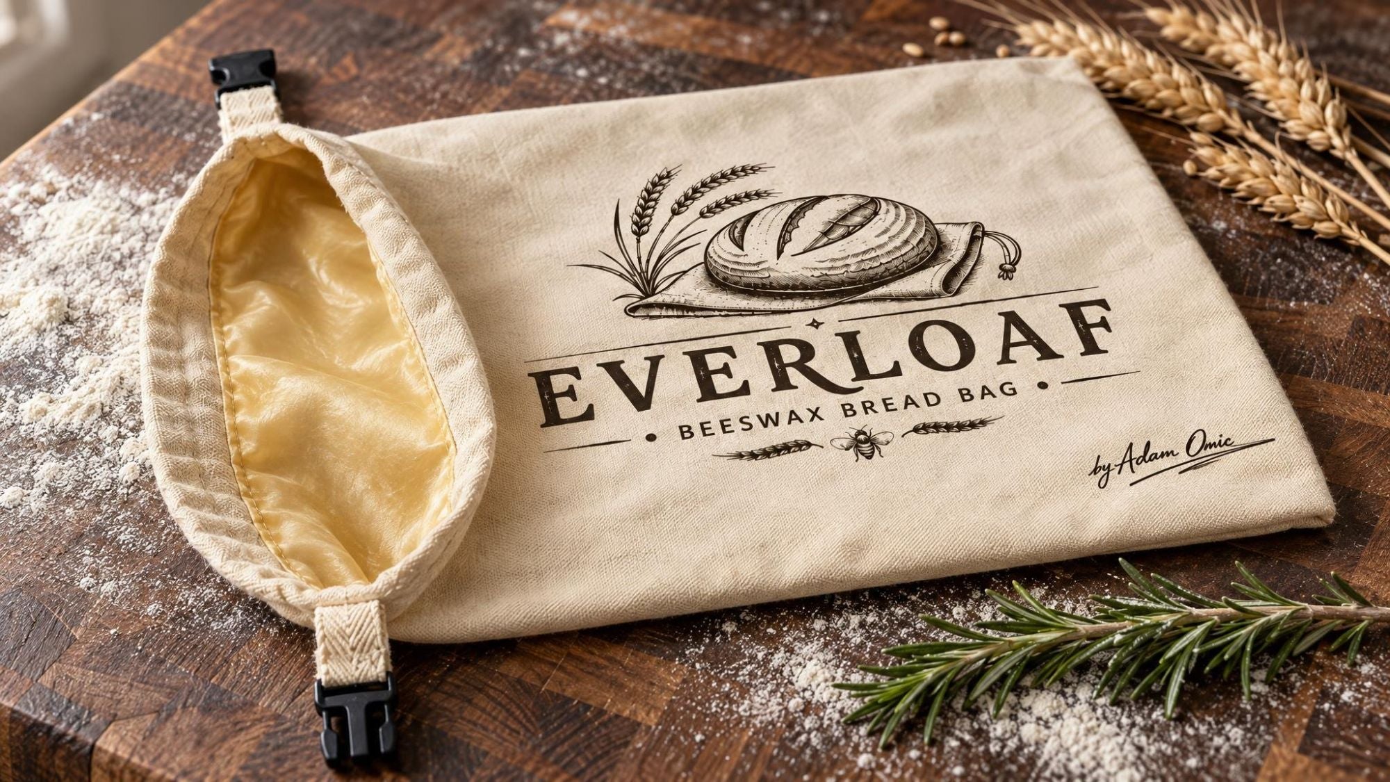 The Everloaf laid flat, showing the beeswax lining and buckle clasp