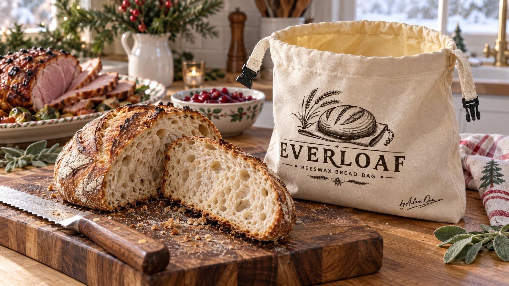 Fresh sourdough and rolls beside the Everloaf with a holiday ham