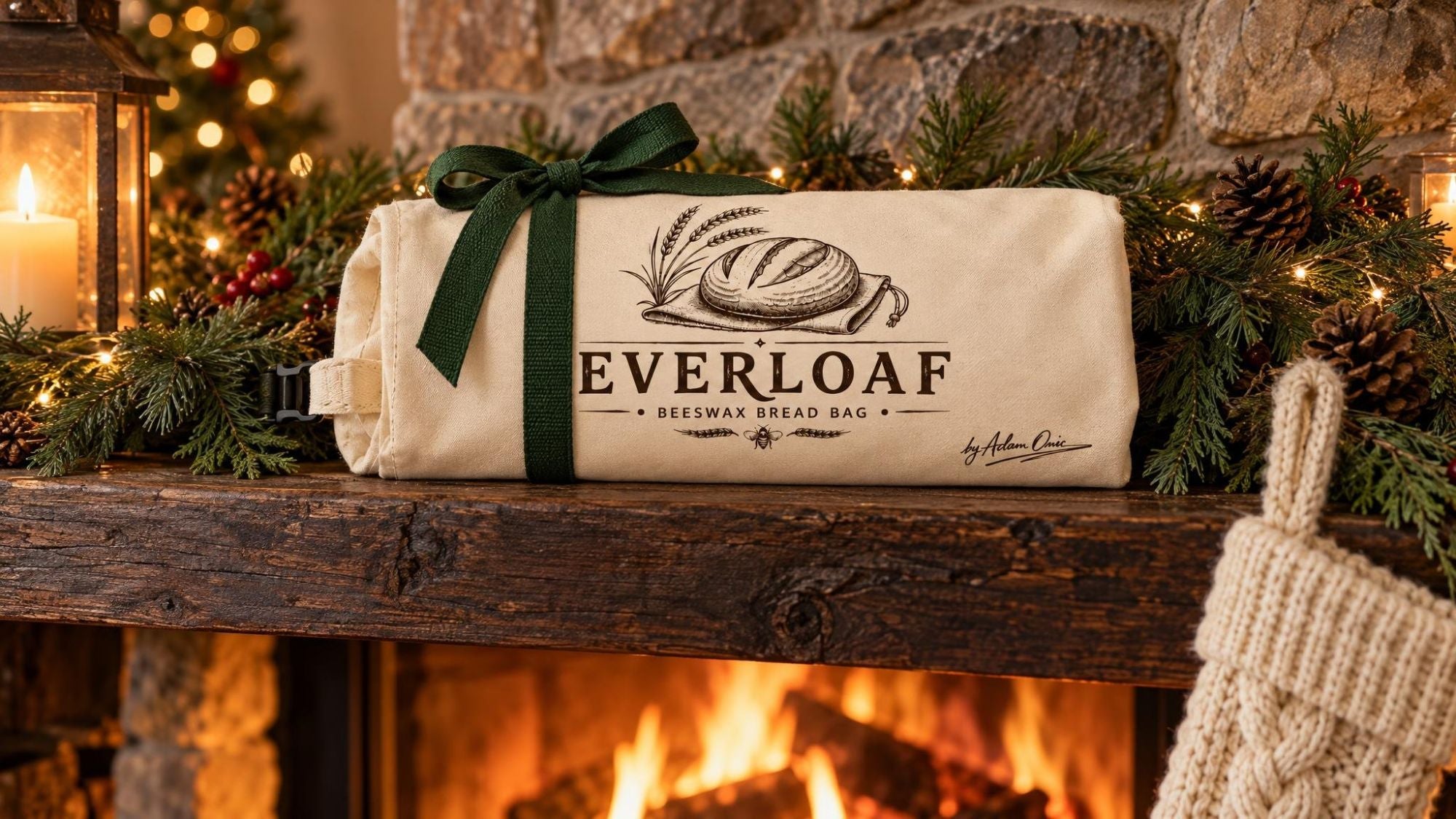 A rolled Everloaf tied with a green ribbon on a Christmas mantel