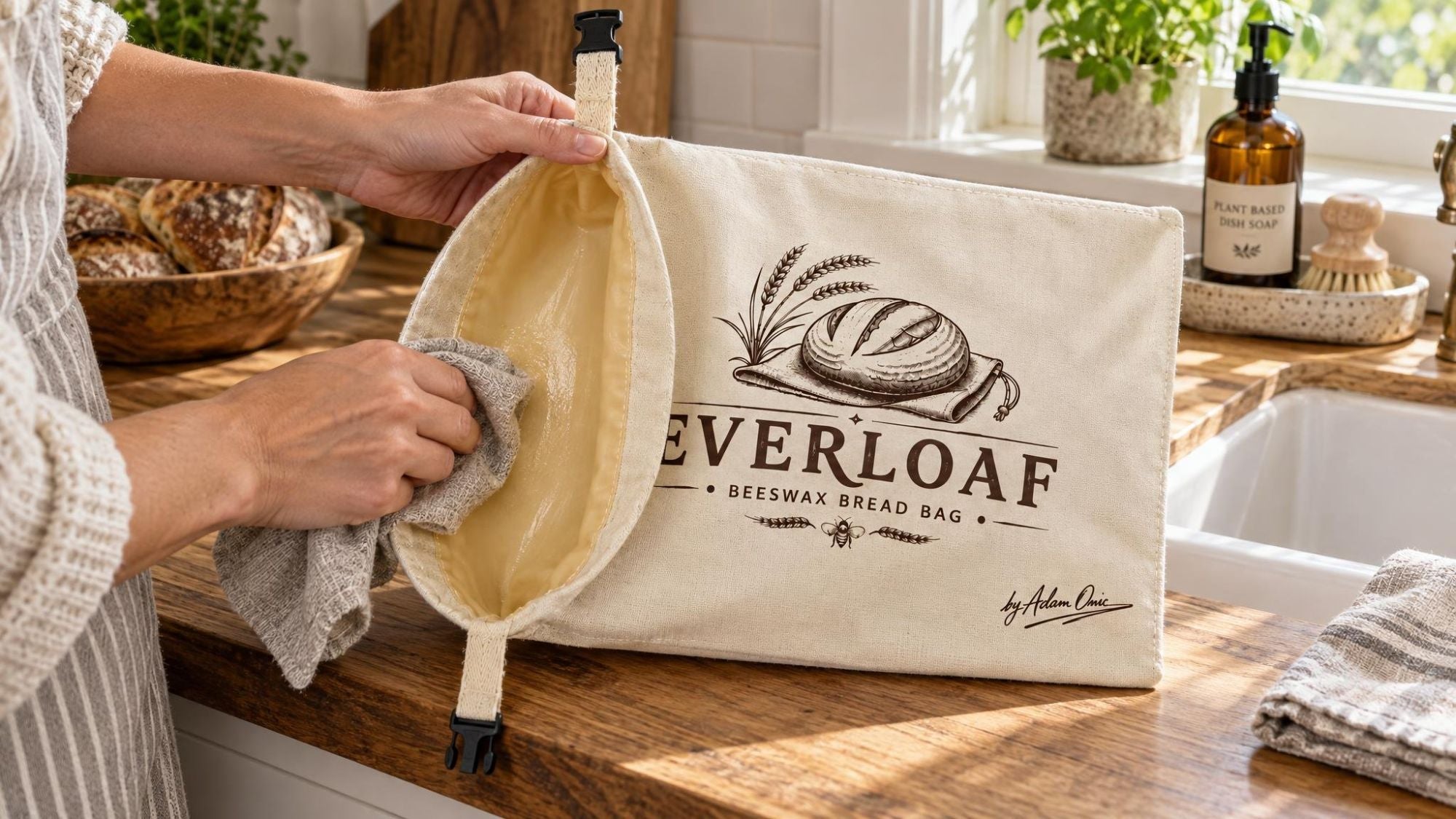 Wiping the beeswax lining of the Everloaf clean with a damp cloth